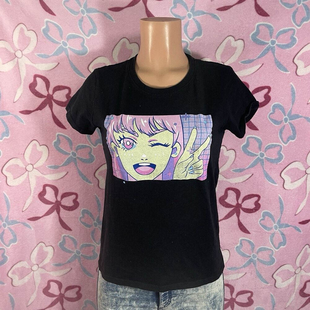 Brisco Kawaii Millenial Peace Sign Anime Girl Graphic Shirt Size Medium Juniors